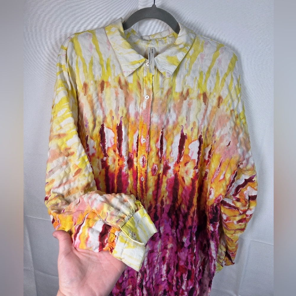 Anthropologie Oversized Button Down Tunic Shirt Hombre Tie Dye Boho Pink Large - Picture 6 of 11